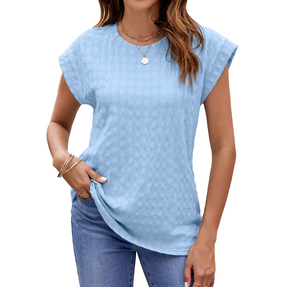 Spring Summer Solid Color Jacquard Loose Fitting round Neck Short Sleeve T shirt Top Women