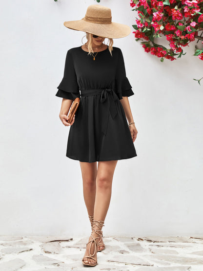 Popular Horn Ruffle Sleeve Solid Color Dress