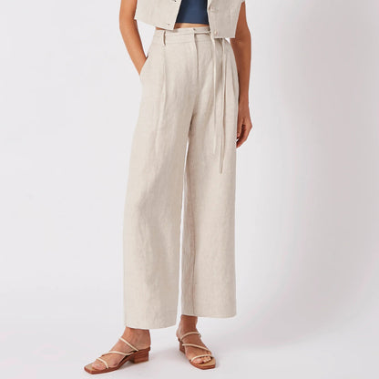 Pure Linen Lace up Cropped Pants Spring Summer Slimming Wide Leg Pants Office High Waist Work Pant Women