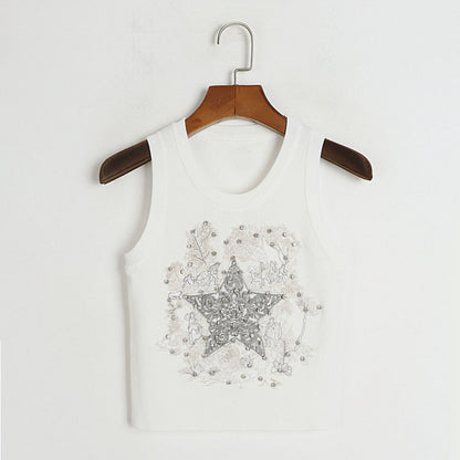 Round Neck Knitted Vest Early Summer Retro Five Pointed Star Rhinestone Embroidered Slim Outer Wear Women Top