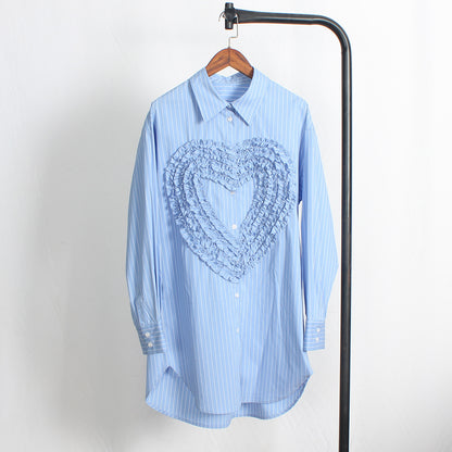 Niche Design Sky Blue Striped Long Love Heart Loose All Match Lazy Oversize Women Shirt