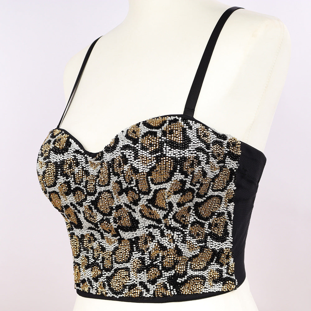 Damen personalisiertes schlank aussehendes rückenfreies Korsett mit Perlenbesatz, kurze Oberbekleidung mit Leopardenmuster, Camisole-Tube-Top