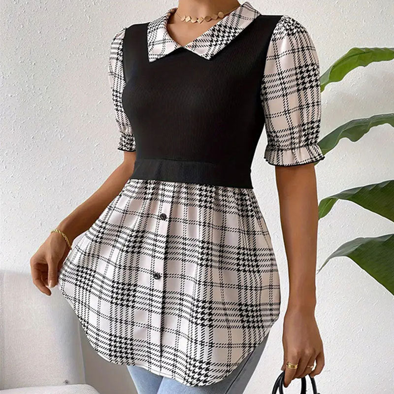 Women Clothing Faux Two Pieces Short Sleeve Puff Sleeve Color Contrast Patchwork Top Women Button Plaid Irregular Asymmetric Top Women