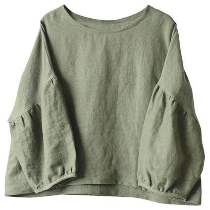 Round Neck Lantern Sleeve Pullover Shirt Spring French Loose Ramie Cotton T shirt Top Artistic Women