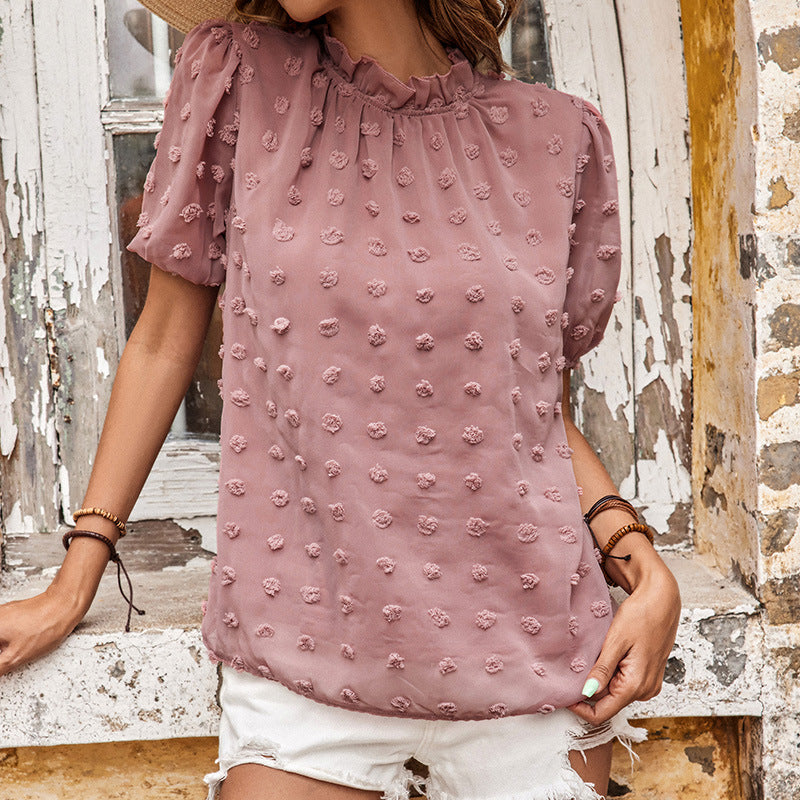 Summer Vacation Casual Jacquard Fur Ball Short Sleeved Shirt Solid Color Chiffon Shirt Women