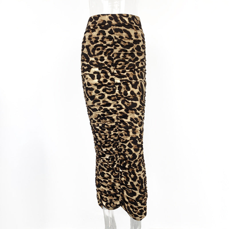 Autumn Winter High Waist Leopard-Print Skirt Sexy Tight Fold Split Mid Length Skirt