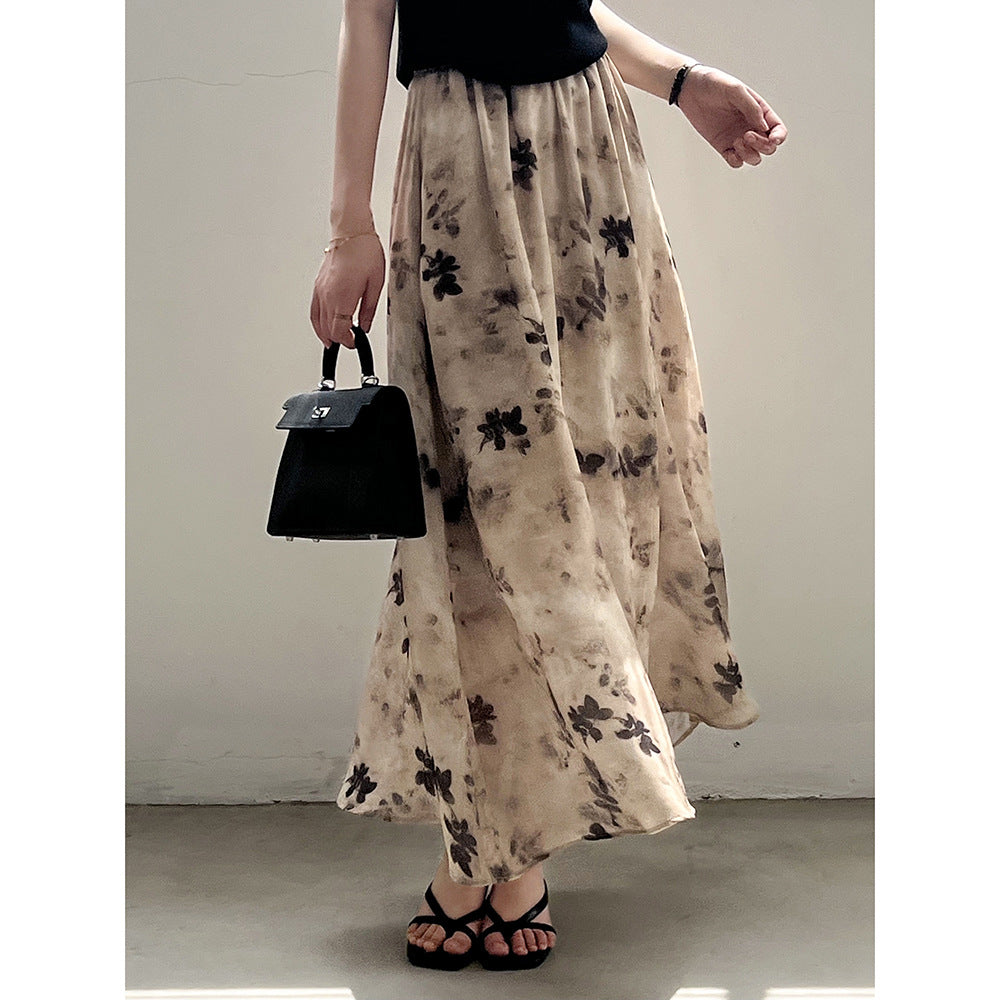 Retro National Ink Blooming Printed Skirt Summer Elastic Waist Long Skirt