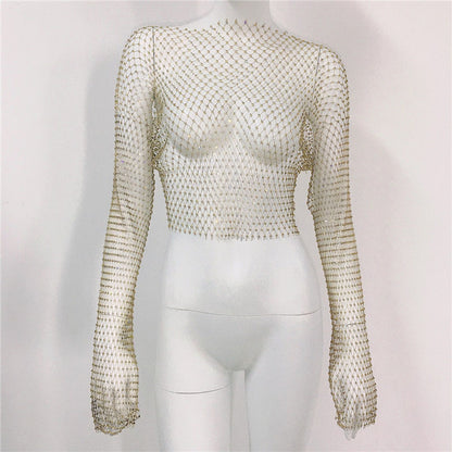 Fishnet T-Shirt Mesh Strass Langarm Top Sexy Strass Fishnet Kleidung Damen