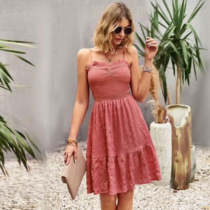 Frauen Kleid Frühling Sommer Mädchen Einfarbig Breiten Saum Mittellanges Kleid