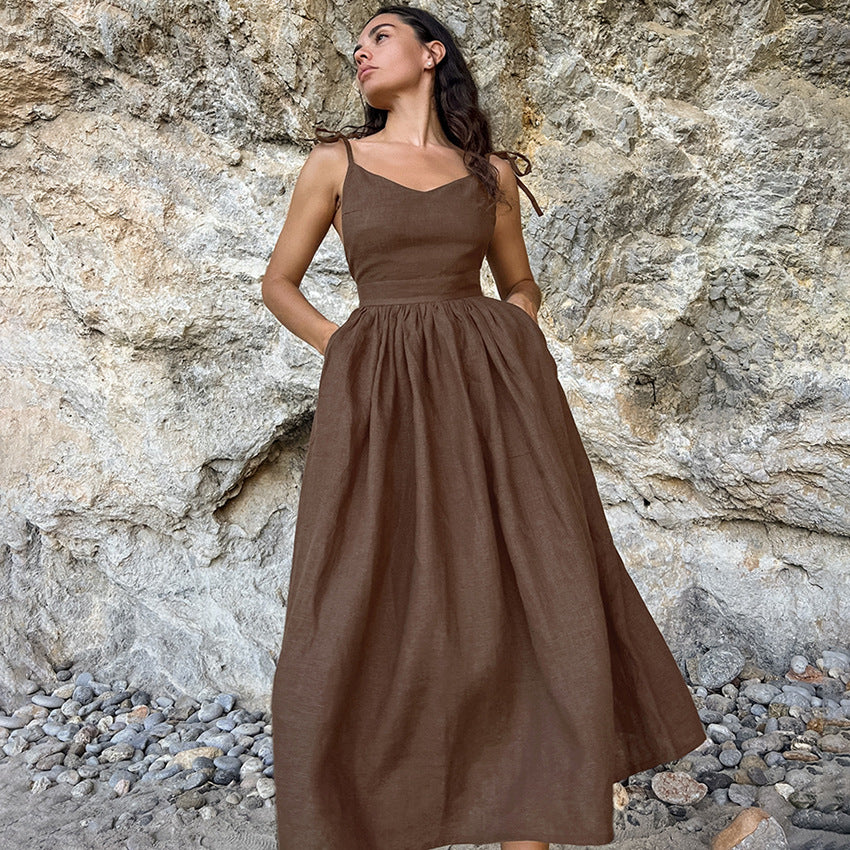 Französisches Khaki-Baumwollleinen-atmungsaktives Trägerkleid mit hoher Taille, Frühlingsurlaub, Maxikleid für Damen