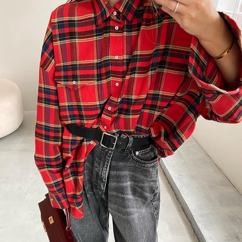 Spring Plaid Shirt Women Trend Retro Plaid Top Baggy Coat Women