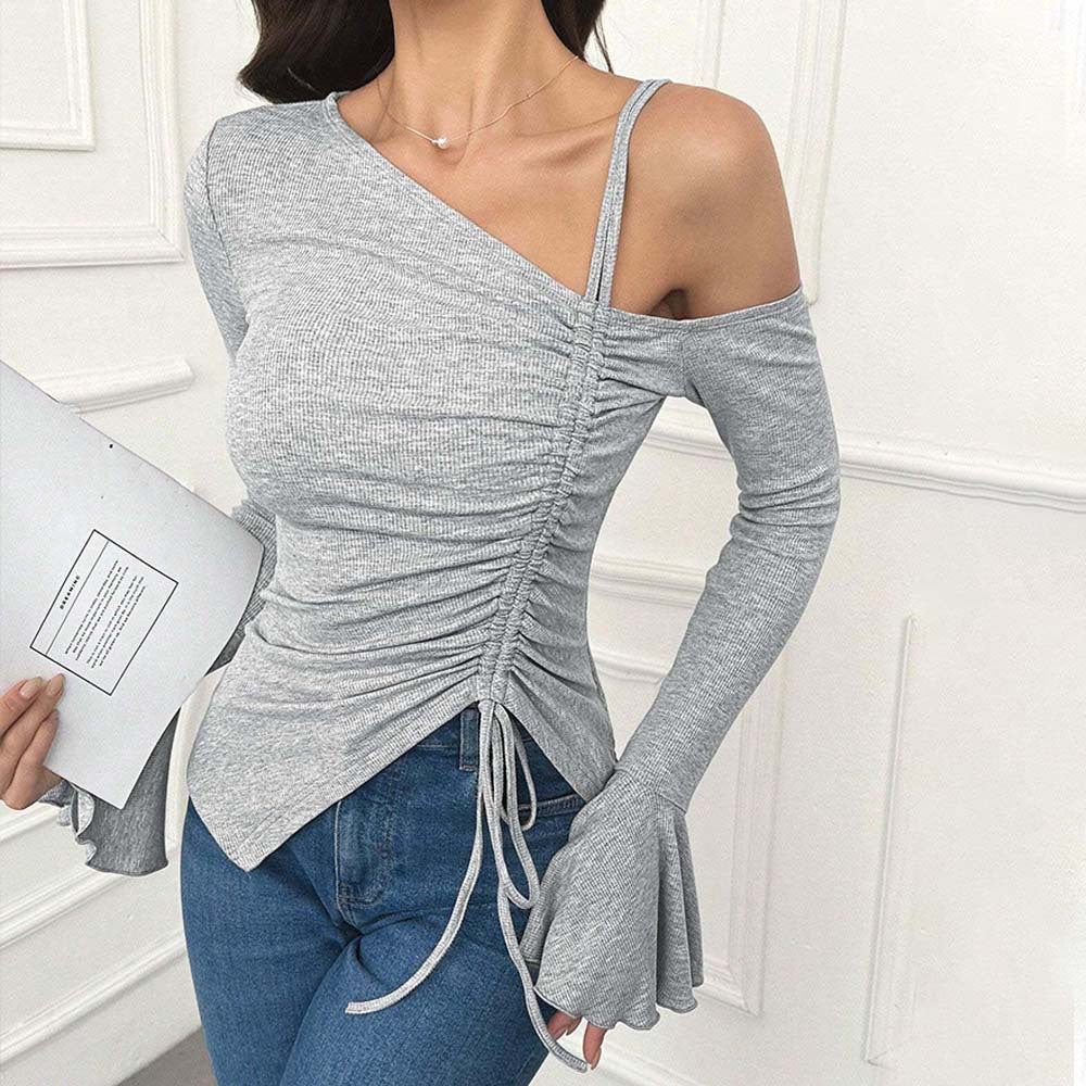 Frauen Kleidung Süße Würzige Diagonal Kragen T Shirt Herbst Winter Rüschen Ärmel Einseitige Strap Kurze Top