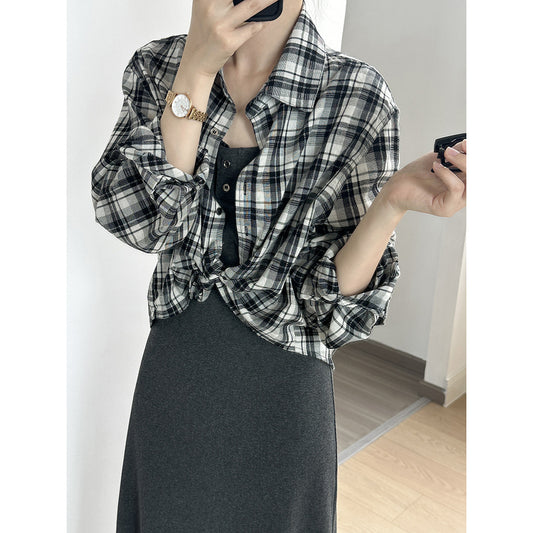 Retro Hong Kong Loose Plaid Long Sleeved Shirt for Women Summer Stylish Shirt Top