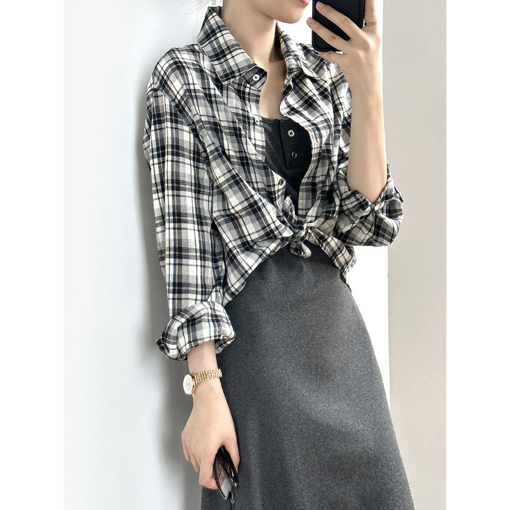 Retro Hong Kong Loose Plaid Long Sleeved Shirt for Women Summer Stylish Shirt Top