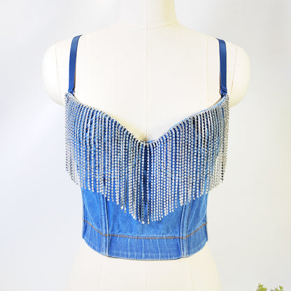 Sexy Denim-Tube-Top mit Brustpolster, kurzes ärmelloses, figurformendes Top mit Strass-Quasten und Korsett mit Stäbchen