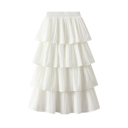 Wooden Ear Stitching Pleated Big Hem Skirt Women's Summer Mid Length Tiered Dress