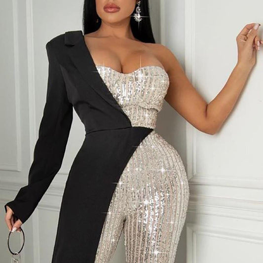 Women Silver Stitching Sequined One Shoulder Fashionable Sequ Jumpsuit