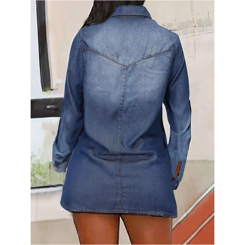 Women Denim Shirts Button Roll Sleeve Split Hem Denim Shirt for Women