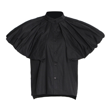 Niche Design Solid Color Casual Shirt Autumn Polo Collar Short Sleeve Shawl Pleated Loose Top for Women