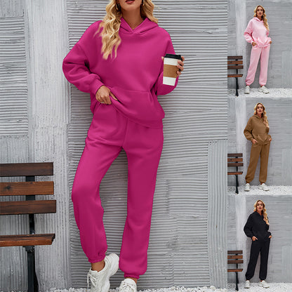 Traje casual atado al tobillo de color sólido de manga larga con capucha informal de invierno para mujer