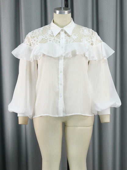 Lace Sexy See Through Long Sleeves Top Ruffled Puff Sleeve Cardigan White Collared Shirt Women