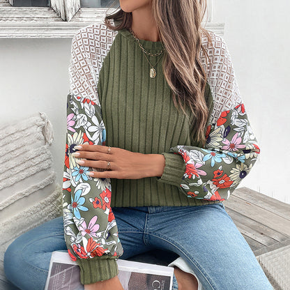 Suéter de punto con cuello redondo y estampado floral a juego de colores para mujer