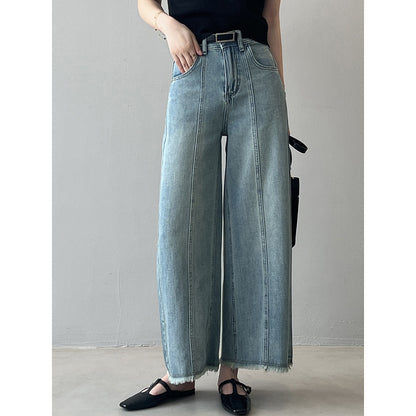 Pantalones vaqueros de pierna ancha con dobladillo crudo de cintura alta coreanos para mujer, pantalones rectos sueltos de verano que incluyen cinturón