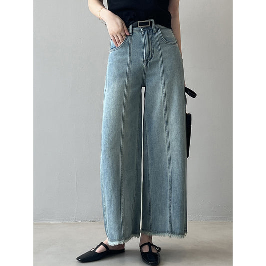 Koreanische Jeans mit hoher Taille und rohem Saum und weitem Bein für Damen im Sommer, lockere, gerade Hose inklusive Gürtel