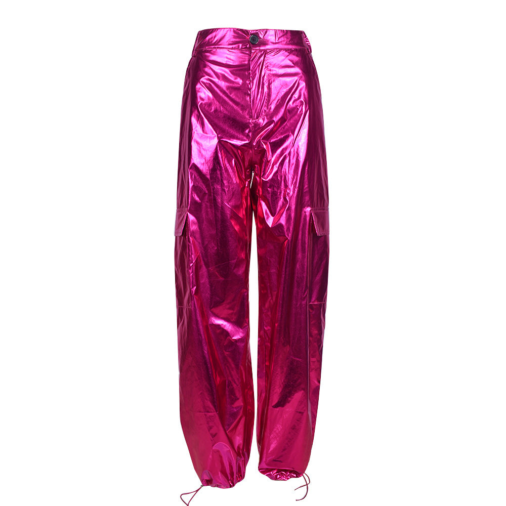 Pantalones brillantes de tela recubierta metálica para mujer, pantalones con bandas en el tobillo, de cuero elástico, de Color brillante, navideños