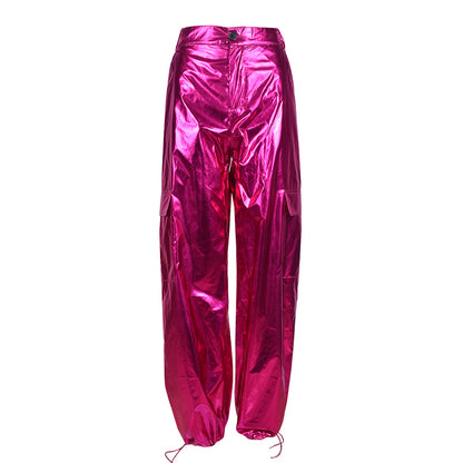 Metallic Coated Fabric Glossy Trousers Christmas Bright Color Stretch Leather Zipper Ankle Banded Slacks Women