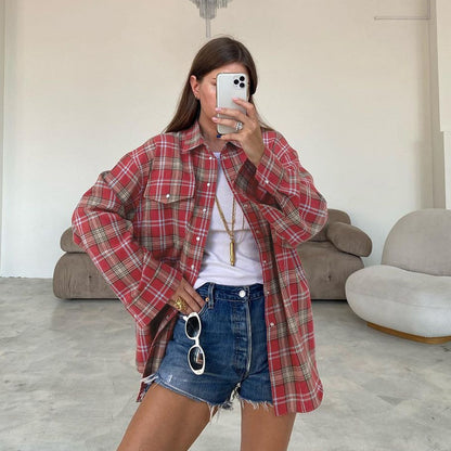 Retro Classic Plaid Collared Long Sleeve Shirt Spring Loose Shirt Women Clothing