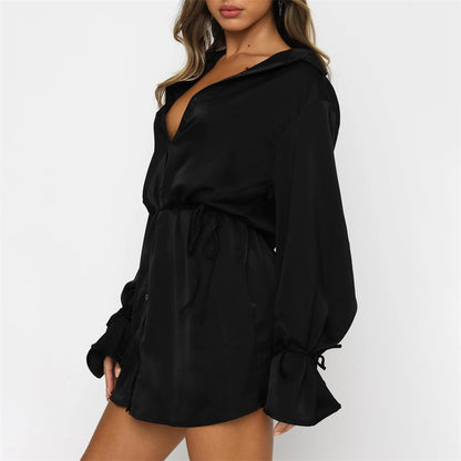 Sexy Elegant Satin Flared Long Sleeve Lace up Loose Dress