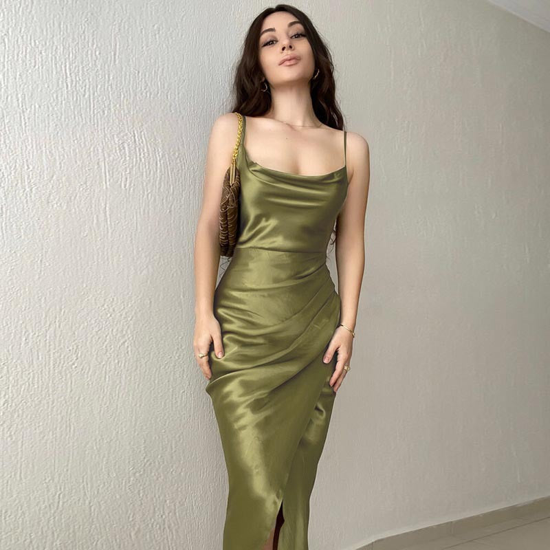 Sexy, tief ausgeschnittenes Sling-Kleid aus Satin mit Schlitz, schmales, rückenfreies Maxikleid