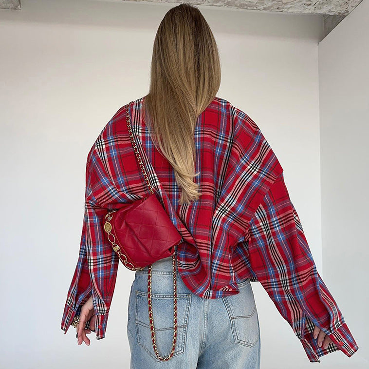 Camisa elegante de manga larga a cuadros con cuello de algodón y poliéster corta para primavera y verano