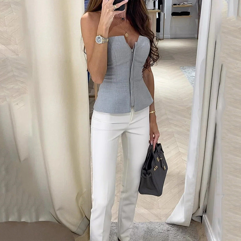 Women Clothing Summer Elegant Sleeveless Top Casual Solid Color Trousers Two Piece Set