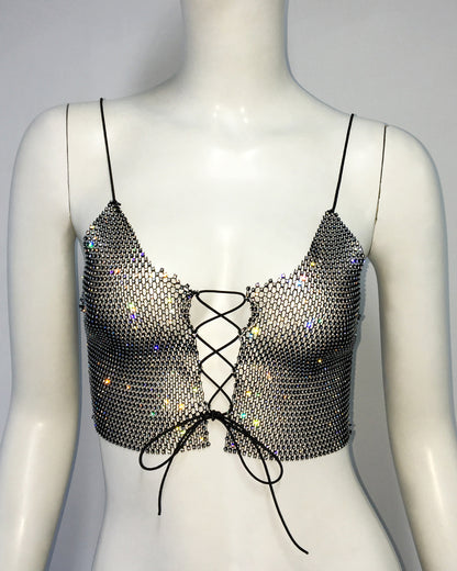 Women Camisole Sweet Spicy Top Fishnet Rhinestone Camisole Lace Up Vest Women