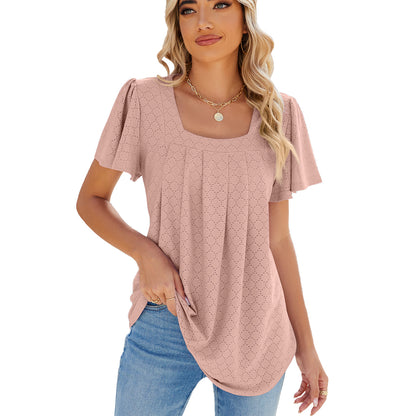 Spring Summer Solid Color Square Collar Pleated Short Sleeves Loose Fitting T shirt Top Women