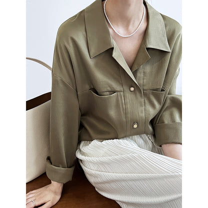 Satin Collar Shirt Women Autumn Clothing High Sense Lightly Mature Texture Solid Color Shirt