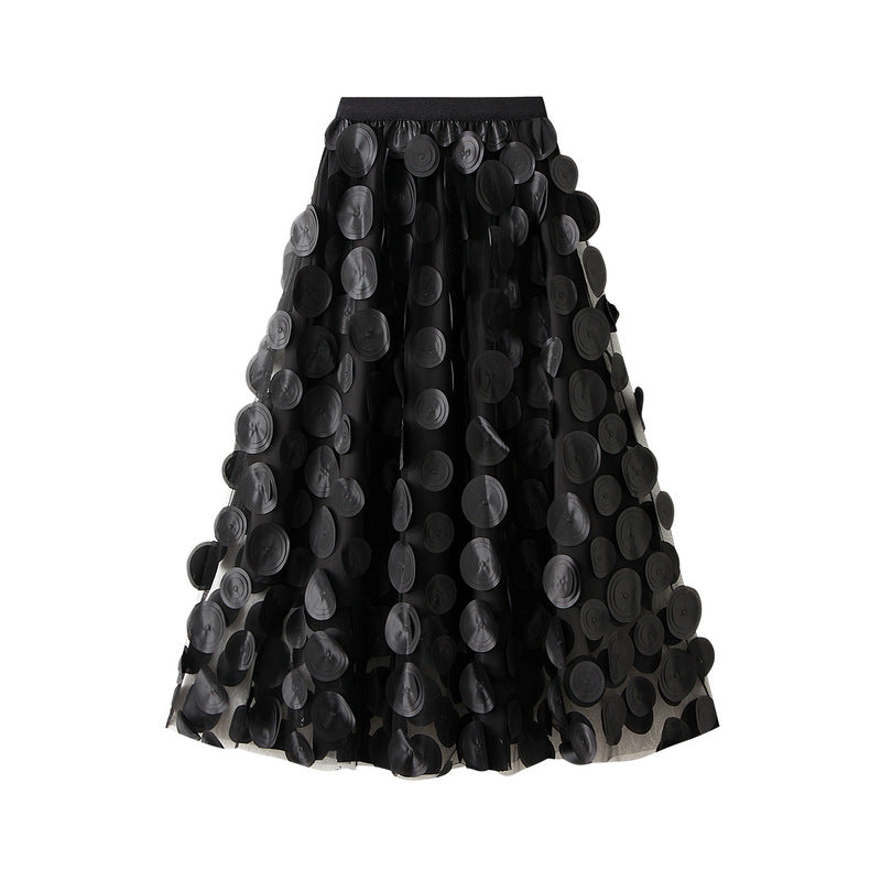 Heavy Industry Three Dimensional Polka Dot Black Mesh Skirt Hepburn Mid Length Umbrella Skirt