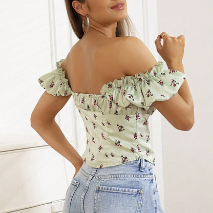 Summer Women Clothing French Sweet Design Blouse Slim Fit Printed Lace Up Sleeveless Shirt