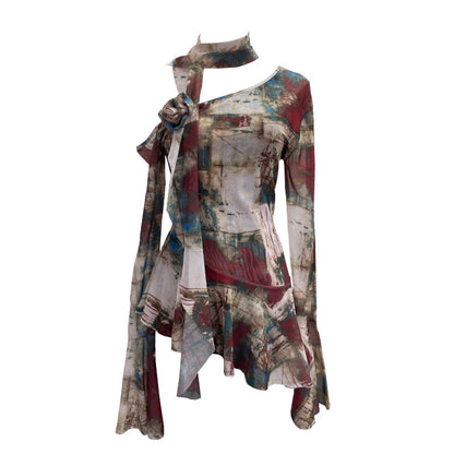 Sexy Shoulder Flared Long Sleeve T Shirt Scarf Ribbon Floral Ruffled Slim Mesh Top Women