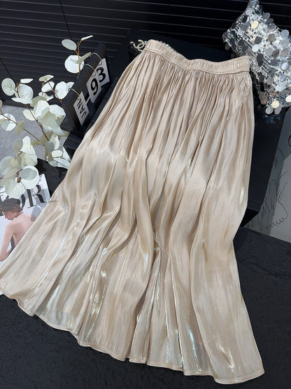 Retro Fashionable Pleated Drooping Slimming High Waist A line Skirt High Grade Glossy Pearlescent Chiffon Pleated Skirt