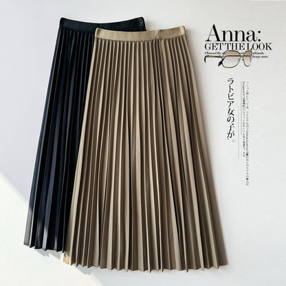 High Waist Slimming Pleated Skirt Women Fashionable All Match Skirt Draping Mid Length Skirt Simple A- line Expansion Skirt