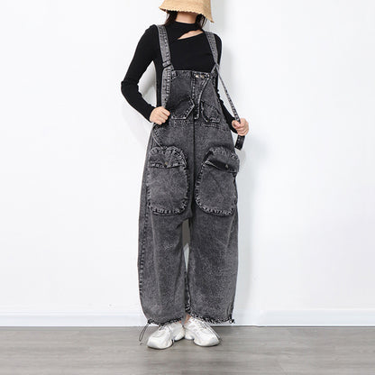 Overall-Jeans für Damen, Herbst, lockere Hose mit großem Taschendesign, personalisierte Hose mit weitem Bein für Damen