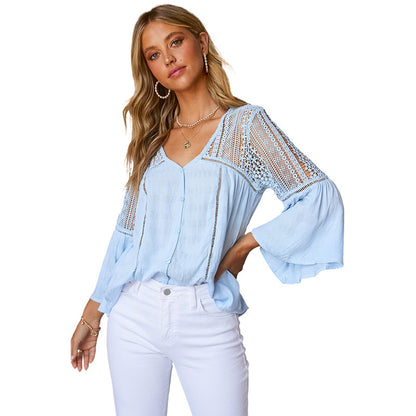 Solid Color Loose Hollow Out Cutout Lace Shirt Chiffon Shirt Women Summer V neck Sexy Top Bell Sleeve