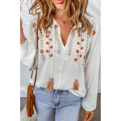 Floral Bestickt V hals Pullover Shirt Frauen Quaste Lace up Langarm Chiffon