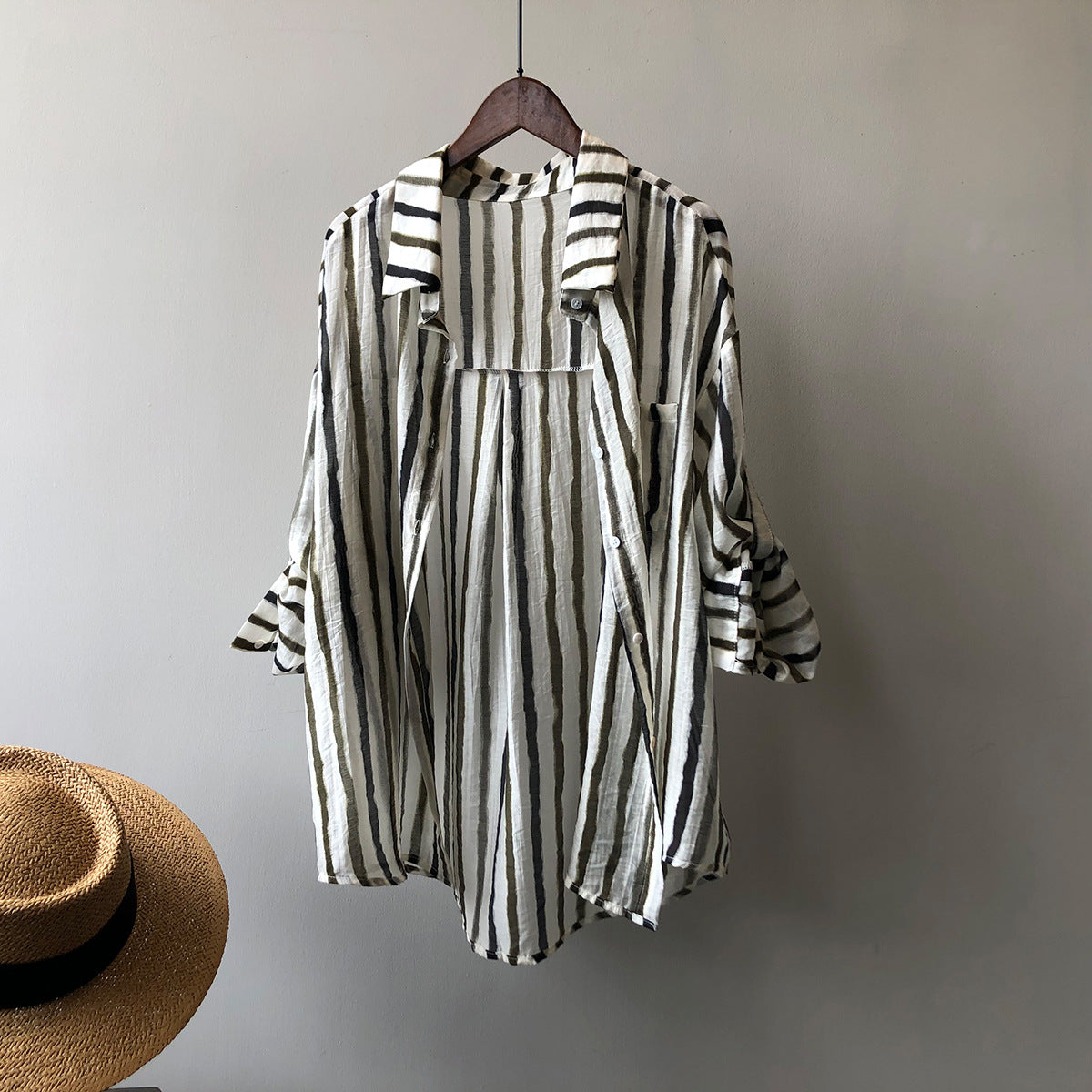 Thin Vintage Striped Shirt Women Summer Loose Stylish Long Sleeves Cardigan Shirt