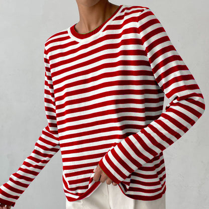 Round Neck Knitted Striped Sweater Autumn Winter Wild Classic Retro Striped Pullover Sweater for Women