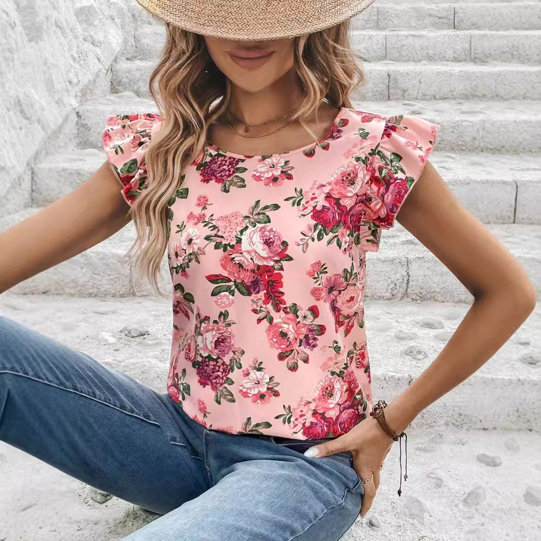 Women Clothing Summer Floral Print Short Sleeved Women Shirt