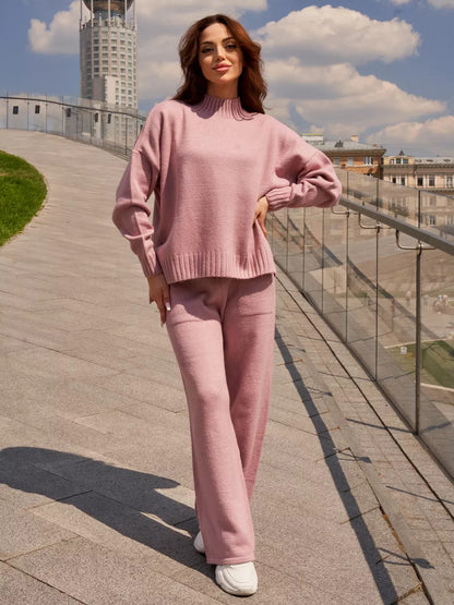 Women Clothing Solid Color Stand Collar Split Casual Sweater Sweater Pullover Knitted Trousers Loose Two Piece Sets